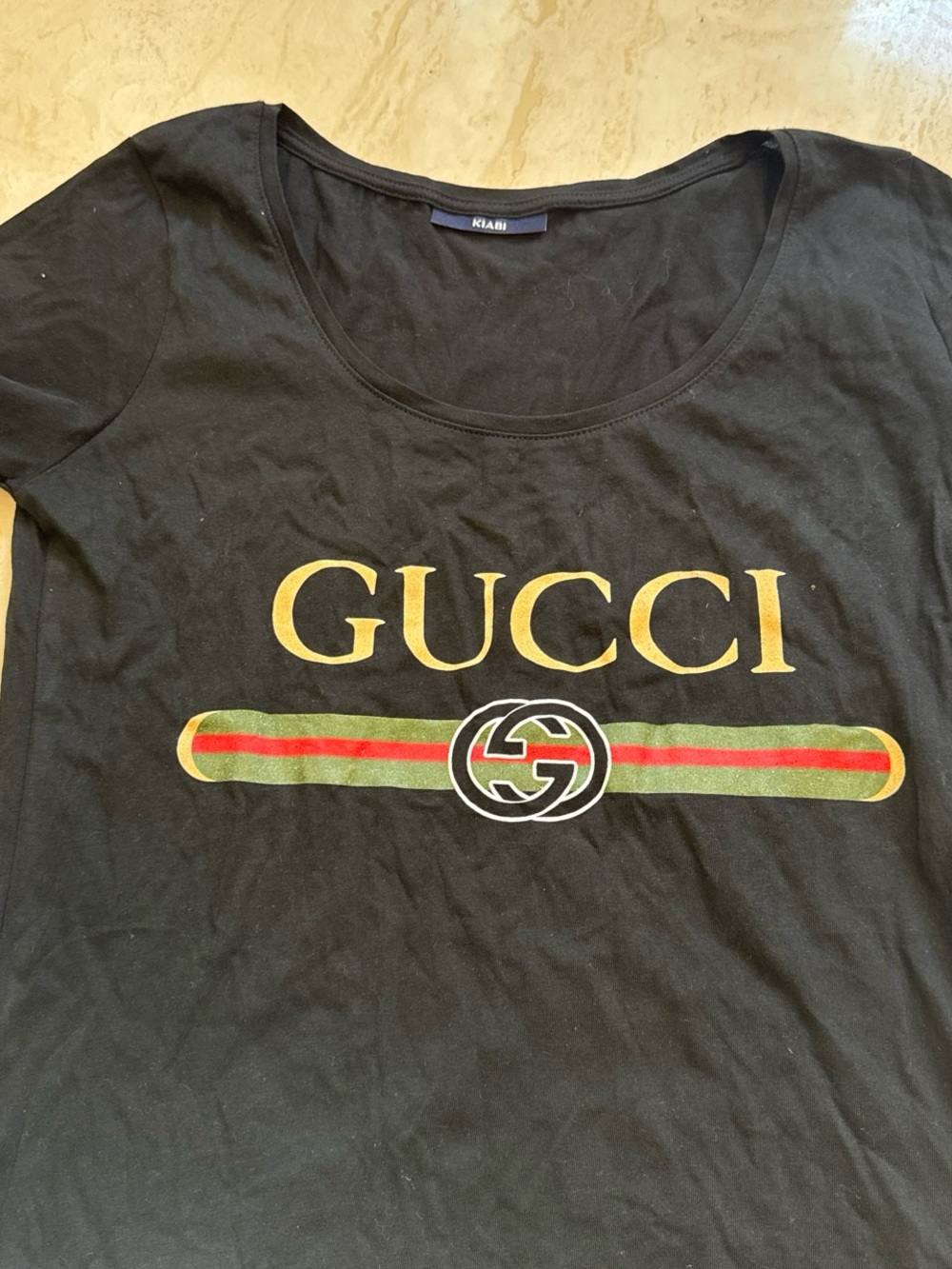 Gucci Black Short Sleeve Tee with Gold Logo and Green-Red Stripe - Picture 2 of 2